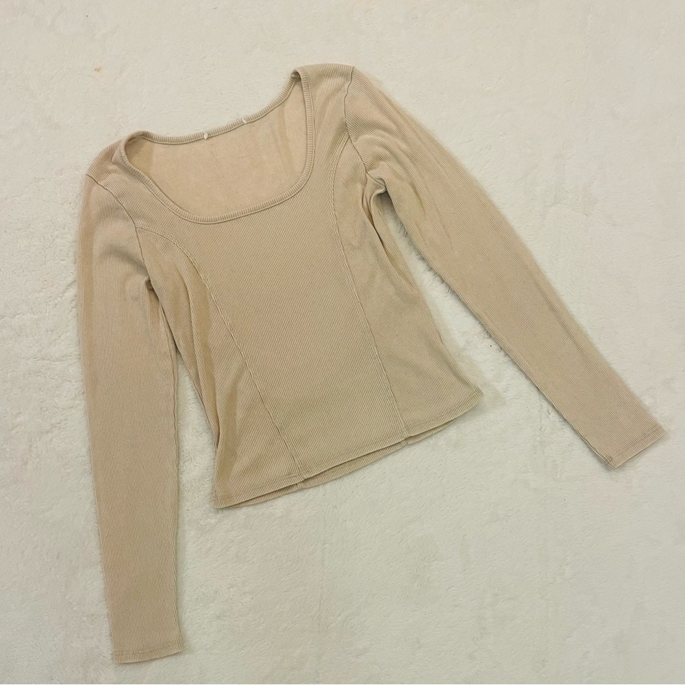 Cropped Long Sleeve Ribbed Fitted Beige Scoop Neck Top - Size Large